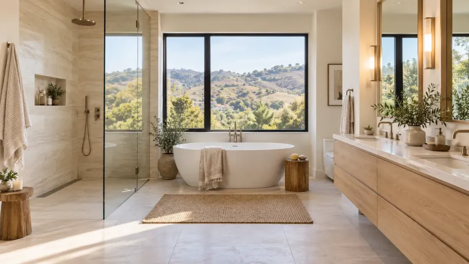 Luxury Laguna Hills bathroom featuring water-efficient fixtures, a walk-in shower, soaking tub and natural-oak vanity