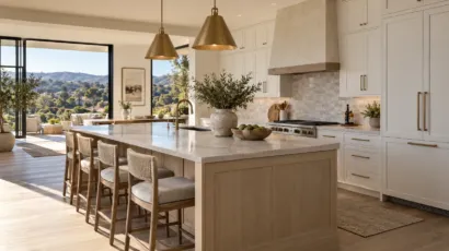 Completed Laguna Hills luxury kitchen featuring precisely aligned white and natural-oak RTA cabinets