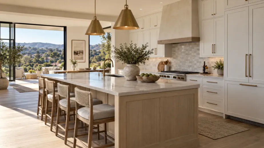 Completed Laguna Hills luxury kitchen featuring precisely aligned white and natural-oak RTA cabinets