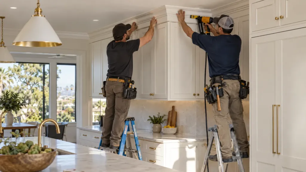 Two professional installers aligning and securing crown moulding above kitchen cabinets in a Laguna Hills home