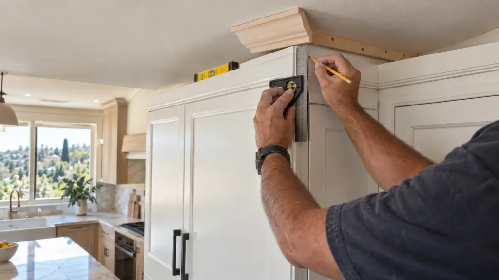 Cabinet installer measuring and marking a consistent crown moulding reveal above kitchen cabinets