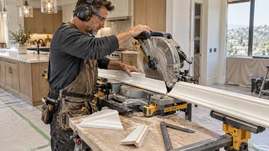 Finish carpenter using a compound mitre saw to make a precise cut in kitchen cabinet crown moulding