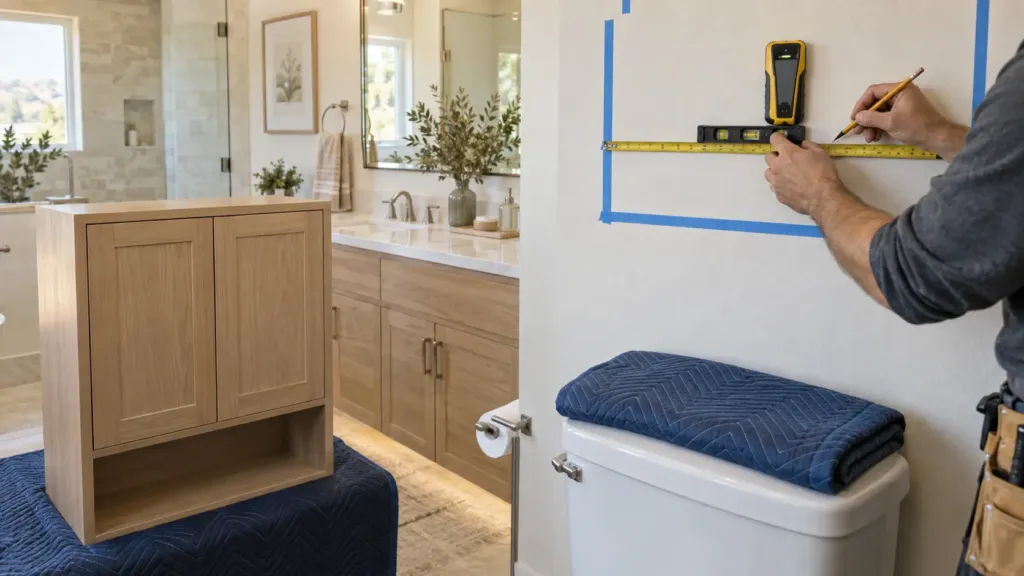 Remodeler measuring and marking the wall above a protected toilet before installing a bathroom cabinet
