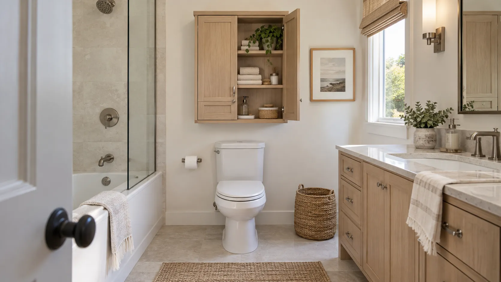 Finished natural-oak cabinet installed above a toilet in a bright Laguna Hills bathroom