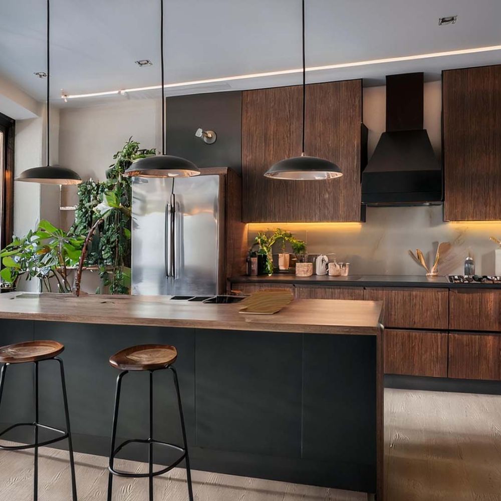 Stylish home kitchen interior with bar island and cabinet, refrigerator