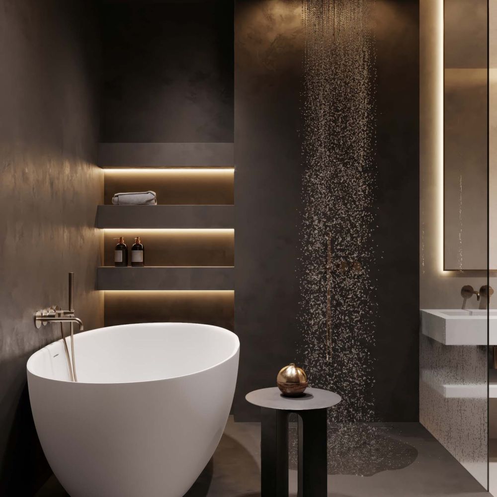 a minimalistic modern bathroom with an oval freestanding bathtub