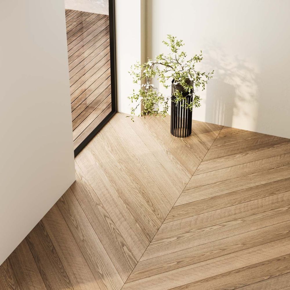 Top view of an empty interior with chevron wood flooring, soft lighting, and minimal decor. Ideal for backgrounds, mockups, or interior design presentations. 3D render.