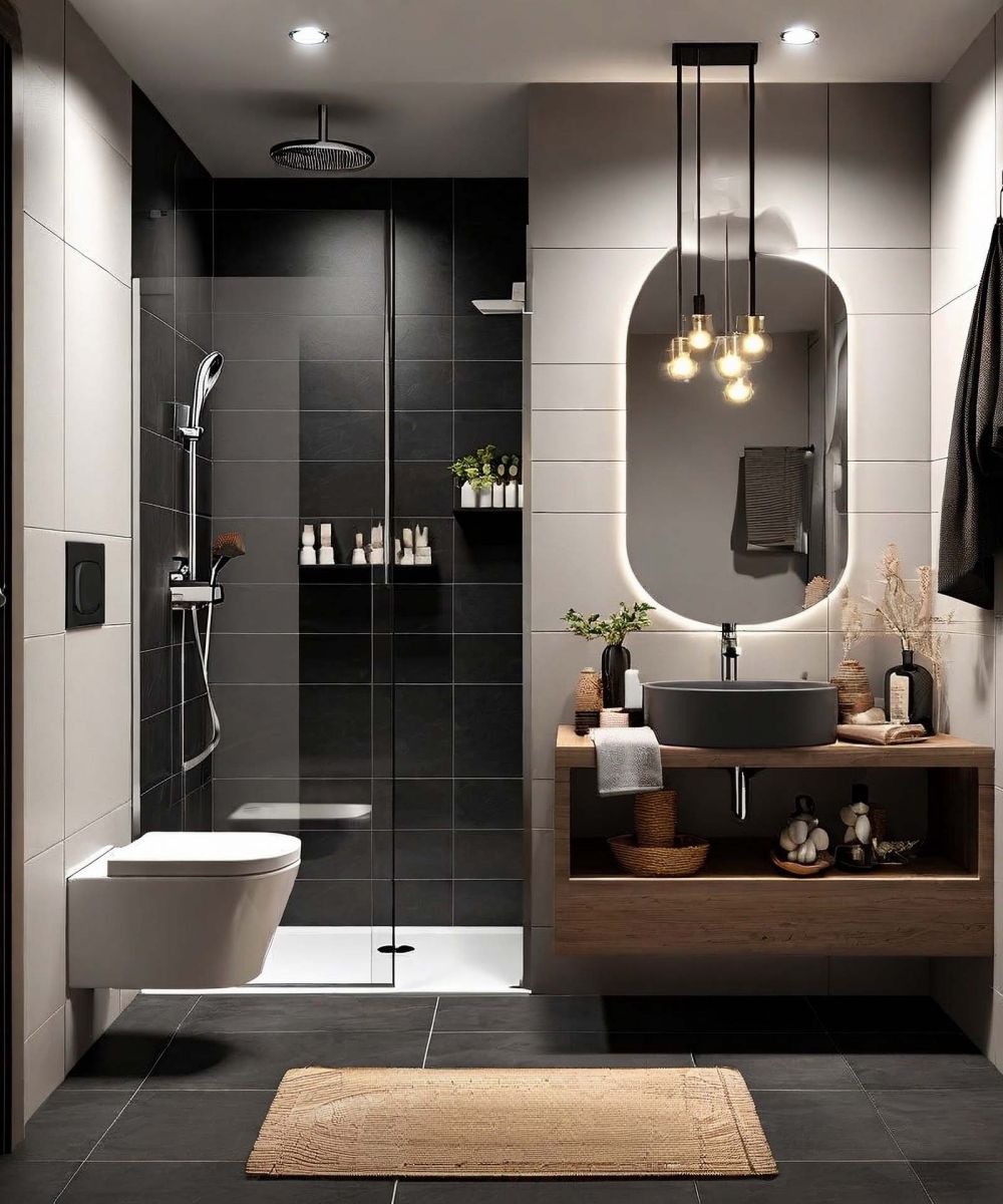 sleek and minimalist modern bathroom, suspended toilet, black floor tiles, light grey wall tiles, elegantly styled shower cabin, warm color palette, bright and inviting interior, balanced and soft lighting, high-resolution textures, cozy atmosphere, large