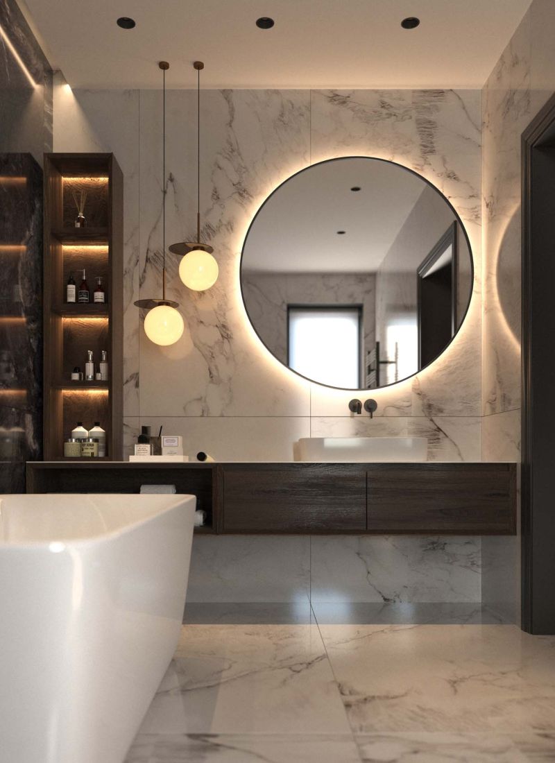 Modern luxury bathroom 3d renders, marble or wooden effect tiles, freestanding tub. Warm lighting and sleek fixtures create a spa-like ambiance. Elegant, minimalist, contemporary design