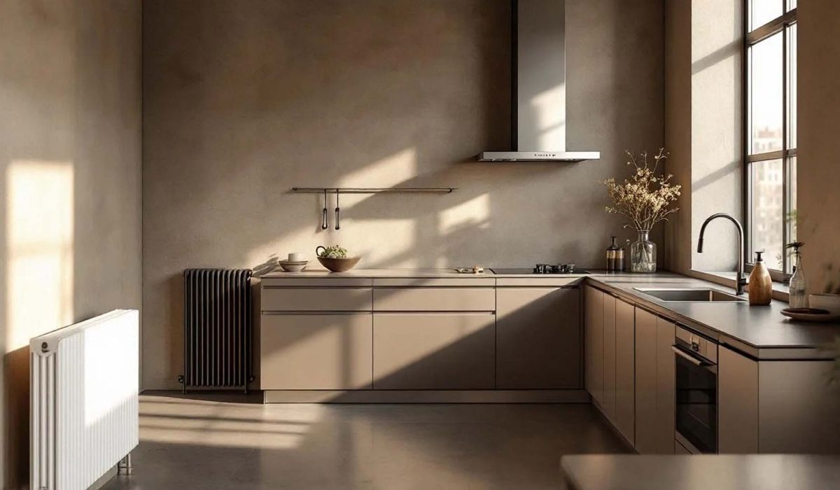 City kitchen scene of modern kitchen, luxury, mocha mousse color, bright, with an empty left side for a radiator. view of the image of the corner. kitchen only in the bottom, right window, left side empty